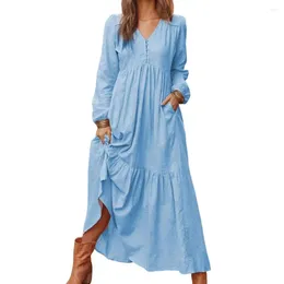 Casual Dresses Bohemian Shirt Dress Women's Maxi Sundress 2024 Spring Elegant V Neck Ruflle Vestido Female Long Sleeve Tunic