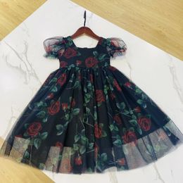 brand Girls flower dress baby summer black red rose flowers children clothes floral 240329