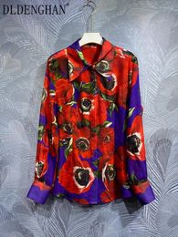 Women's Blouses DLDENGHAN Spring Summer Silk Top Women Turn-down Collar Long Sleeve Single Breasted Floral Print Vintage Shirt Designer