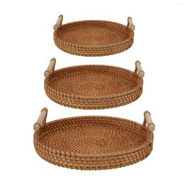 Plates Rattan Fruit Tray With Wood Handles Hand Woven Round Tea Coffee Snack Serving For Storage Display Bread