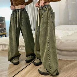 Women's Jeans Unisex Denim Vintage Wide Leg With Elastic Waist Crotch Pockets For Women Hop Streetwear Solid Colour Pants