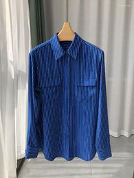 Women's Blouses Women Silk Stripes Blue Shirt Turn-down Collar Single Breasted Female Double Pockets Long Sleeve Blouse 2024 Spring