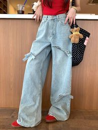 Women's Jeans Benuynffy Vintage Y2k Bow Washed Baggy Streetwear Women Korean Fashion Loose High Waisted Straight Wide Leg Denim Pants