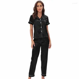 Home Clothing Loose Casual Solid Homewear Women Short Sleeve Pyjamas Set Spring Summer Silk Satin Sleepwear Trouser Pijamas Suit