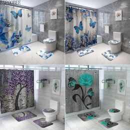 Shower Curtains High Quality Blue Butterfly Print Curtain 4 Piece Carpet Cover Toilet Bath Mat Pad Set Bathroom With Hooks