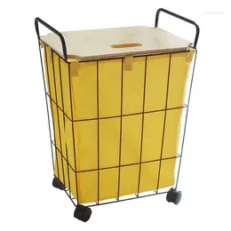 Laundry Bags Wrought Iron Hamper Wheel Storage Basket With Lid Bathroom Balcony Barrel Lined Waterproof