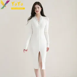 Casual Dresses White Lace Edge V-neck Long Sleeve Cardigan Single Breasted Knitted Dress Fashion Slim Bodycon Sweater 2024 Autumn/Winter