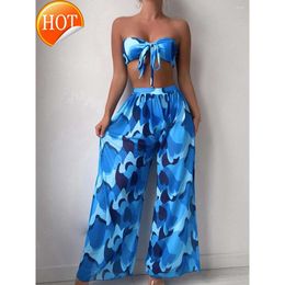 2024 High Quality Designer Swimwear Womens 3pcs Tie Front Bandeau Bikini Set Women Triangle Female Printed Swimsuit With Beach Pants Sexy Padded Bathing Suit