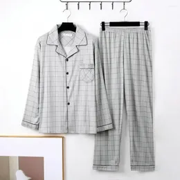 Home Clothing 2 Pcs/Set Men Pyjamas Set Striped Plaid Print Colour Matching Lapel Long Sleeve Wide Leg Homewear Clothes Shirt Pants