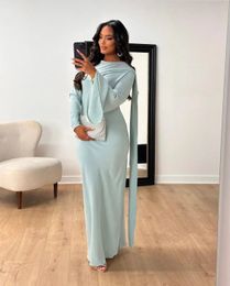 Spring Summer Fashion Solid Fishtail Dress Muslim Women Elegant Ribbon Flare Sleeves Slim Long 240329