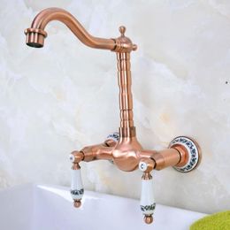 Bathroom Sink Faucets Antique Red Copper Brass Kitchen Faucet Mixer Tap Swivel Spout Wall Mounted Dual Ceramic Flower Levers Base Mnf954