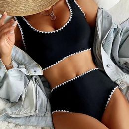 Women's Swimwear Bath Suits Women Fashion Solid Color Splicing Two Piece Set Clothes Loose Elastic Sport String Bikini Underwear For