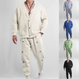 Mens Suit Autumn And Winter American Street Hip-Hop Solid Color Long-Sleeved V-Neck Jacket Trendy Loose Overalls Two-Piece Set 240321