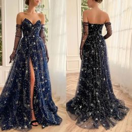 Navy Blue a line Evening Dresses Sweetheart Side Split Long Prom Gowns Sparkly Shining Stars Formal Dresses for special occasions