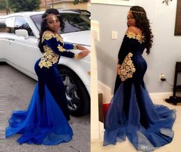 Saudi Arabic Long Sleeves Prom Gowns Nave Blue Gold Appliques Mermaid Prom Dress Off The Shoulder African Special Occasion Evening6731500