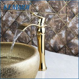 Bathroom Sink Faucets KEMAIDI Mixer Luxury Tall Single Hole Polished Golden Wide Waterfall Spout Wash Basin Tap Faucet