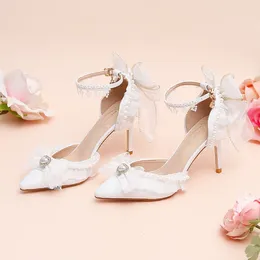 Dress Shoes White Lace Bowknot Sandals Women Lolita Style Chiffon Ribbon Pearl Tassel Hollow Stiletto High Heels Sweet Wedding