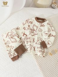 Bomullsbarn pyjamas Set Spring and Fall Baby Oneck Longsleved Clothes Boys Homewear Kids Cartoon Cute Underwear 240325