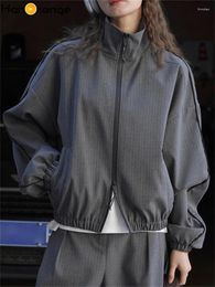 Women's Jackets HanOrange 2024 Spring Fashion Casual Stripe Zipper Jacket Women Stand Up Neck Straight Loose Coat Navy/Gray