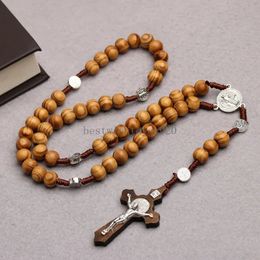 10mm Wood Beads Rosary Necklaces for Women Men Silver Christian Virgin Mary Crucifix Cross Jesus Pendant Handmade Woven Chain Catholic Religious Jewellery Gift