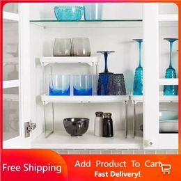Kitchen Storage Small Stacking Shelf Organizer For Cabinet Or Counter Colapsible Legs Non-slip Ruber Feet White G