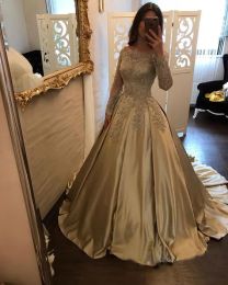 Dresses Beautiful Gold Appliqued Prom Dresses Long Sleeve Lace Evening Party Gowns Sequined Satin Bateau Pageant Gowns Red Carpet Dress Cu