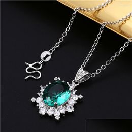 Pendant Necklaces Female Small Green Oval Necklace Dainty Sier Color Chain Charm Zircon Wedding For Drop Delivery Dh7Tg