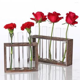 Vases Transparent Glass Vase Wood Frame Table Ornaments And Planter Plant Flower Holder Home Desktop Decor