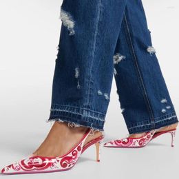 Dress Shoes Red Printed Leather Slingback Pumps Pointed Toe Shallow 10CM Stiletto High Heels Bride Banquet Plus Size 44