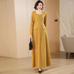 Casual Dresses Woollen Long Winter Dress Square Collar Cashmere Office Lady Buttons Runway Warm Snow Wear Maxi Evening Ankle-Length