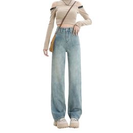 Moonlight Blue Multi Pocket Wide Leg Jeans för kvinnors vår/sommar Ny 2024 Lös och smal bantning Slim Floor Slant Straight Ben Pants