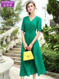 Casual Dresses Green V Neck Silk Crepe Women Fashion 2024 Summer Long Sexy Office Work Daily Dress Plus Size Slim Fit A Line