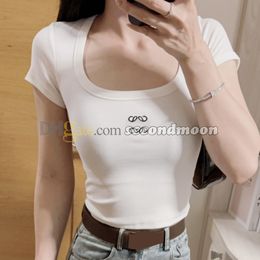 U Neck T Shirt Women Embroidered Tees High Elastic T Shirts Short Sleeve Fitted Tee Summer Breathable Top