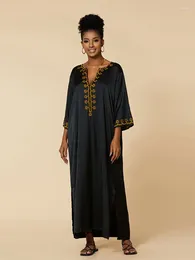 Plus Size Dresses 2024 Vintage Black Embroidered V Neck Kimono Dress For Women Summer Clothing Long Sleeve Beachwear House Q1514