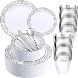 Disposable Dinnerware 300Pcs Silver Plates-Silver Plastic For 50 Guests-Plastic Plates Include:50 Dinner