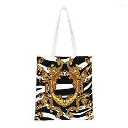 Shopping Bags Custom Baroque Black Canvas Bag Women Portable Groceries Geometric Patterns Tote Shopper