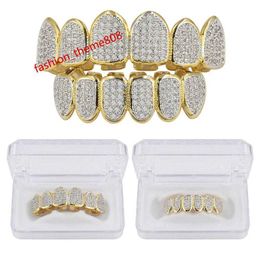 Hip Hop Classic Teeth Grills Golde Color Plated CZ Micro Pave Exclusive Top Bottom Gold Grillz Set