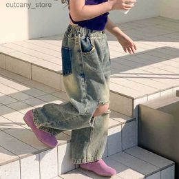 Trousers Autumn Girls Broken Ho Jeans Summer New Fashion ChildrenS Contrasting Colors Pocket Pants Personalized Retro Wide g Pants L46