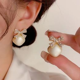 Stud Earrings Korean Style Fashionable And Sweet Temperament Zircon Bowknot Diamond Pearl 925 Silver Needle Premium