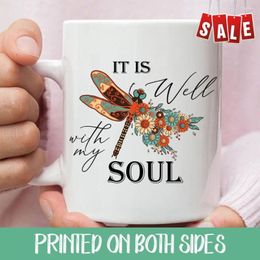Mugs Christian Coffee Mug It Is Well With My Soul Dragonfly Flowers