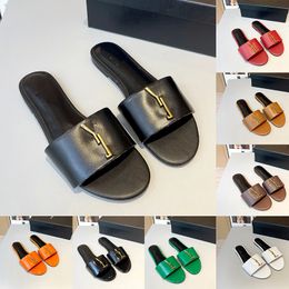 Metallic Letters Designer Slippers Sandals For Womens Ladies Flat Heels Leather Slides Sandales Woman Beach Shoes