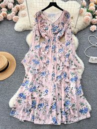 Casual Dresses Spring Floral Dress 2024 Women Autumn Sweet Lotus Edge Slim Fit Long Flare Sleeves Chiffon Vacation