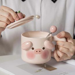 Mugs 400/500ML Cartoon Cute Pig Ceramic Mug With Lid And Spoon Creative Coffee Milk Tea Breakfast Cup Drinkware Novelty Gifts