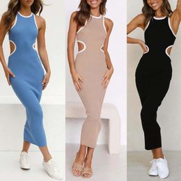 Casual Dresses Ribbed Knitted Summer For Women Robe Femme Sexy Hollow Out Sleeveless Slim Bodycon Dress Long Tshirt Tank Vestidos