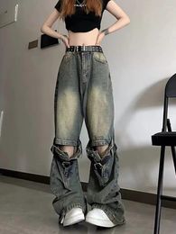 Women's Jeans Y2k Retro American Distressed Lace Stitching With Holes In Slightly Flared Trendy Brand Loose Straight Leg Pants