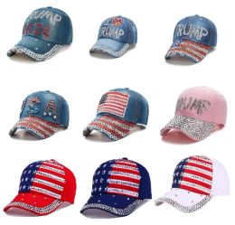USA Flag Trump 2024 Baseball Cap Party Hat Election Campaign Cowboy Caps Adjustable Snapback Women Denim Diamond Hats 9 styles 564QH