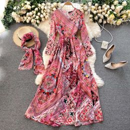 Print Maxi Chiffon Women Casual Dresses French Retro O Neck Long Sleeve A-Line Dress Autumn Boho Holiday +Silk Scarf 2024