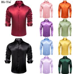 Men's Casual Shirts Hi-Tie Burgundy Long Sleeve Plain Satin Silk Dress Formal Blouse Black Shirt Luxury Designer Men Clothing