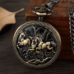 Pocket Watches Vintage Bronze Pocket Automatic Mechanical Retro Horse Full Hunter Pendant with Fob Necklace Chain for Men Women New L240402