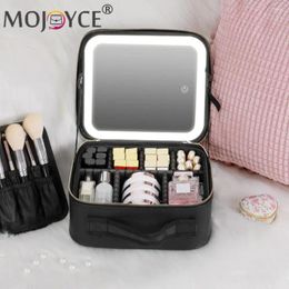 Cosmetic Bags PU Leather Bag Dimmable With Mirror LED Light Box Zipper Large Capacity Waterproof For Women Holiday Gifts